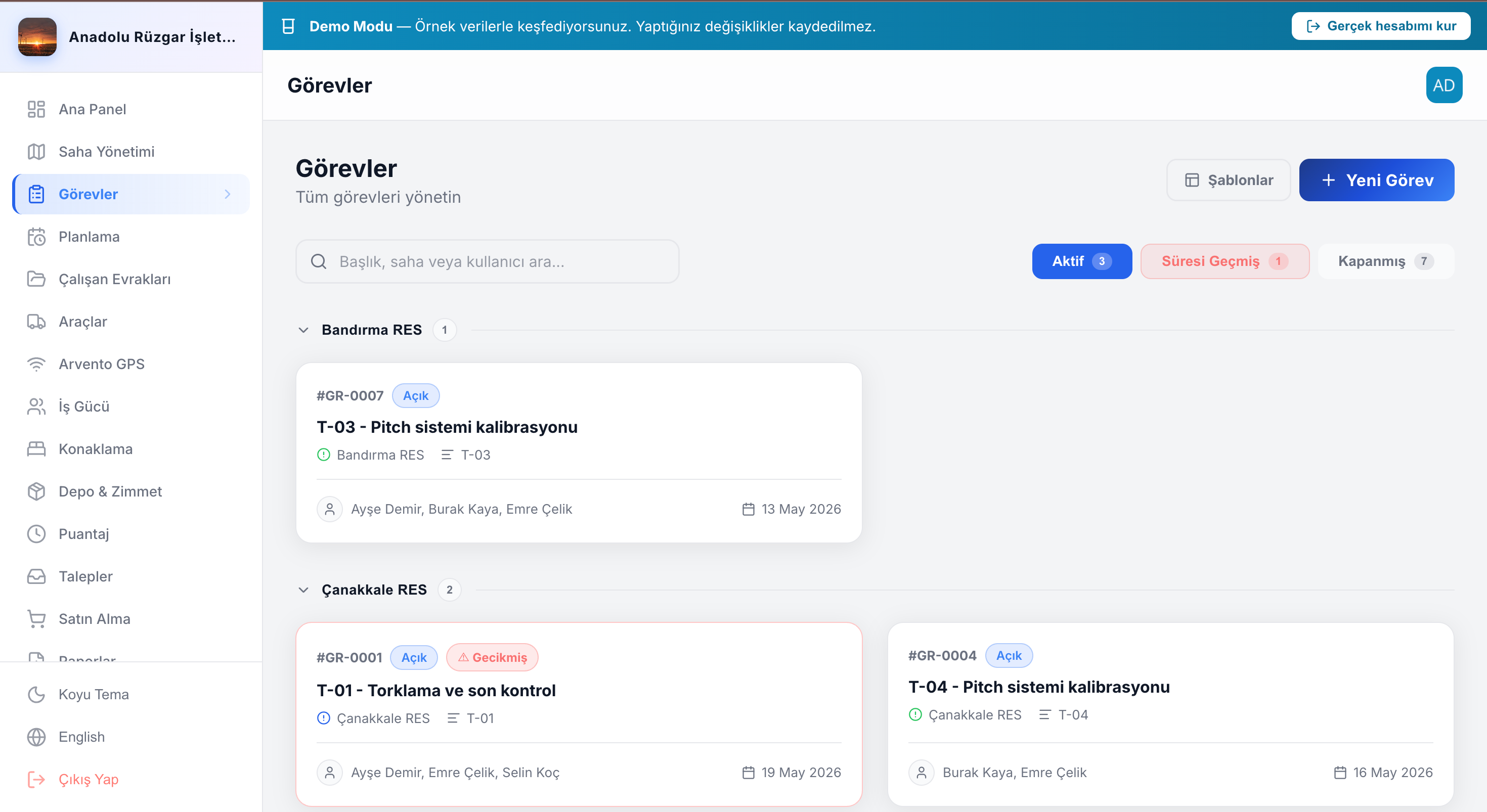 TurbineDoc web — görev yönetimi, sahaya göre gruplanmış iş emirleri
