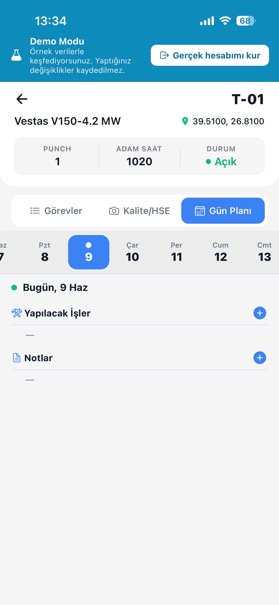 TurbineDoc mobil — günlük saha planı