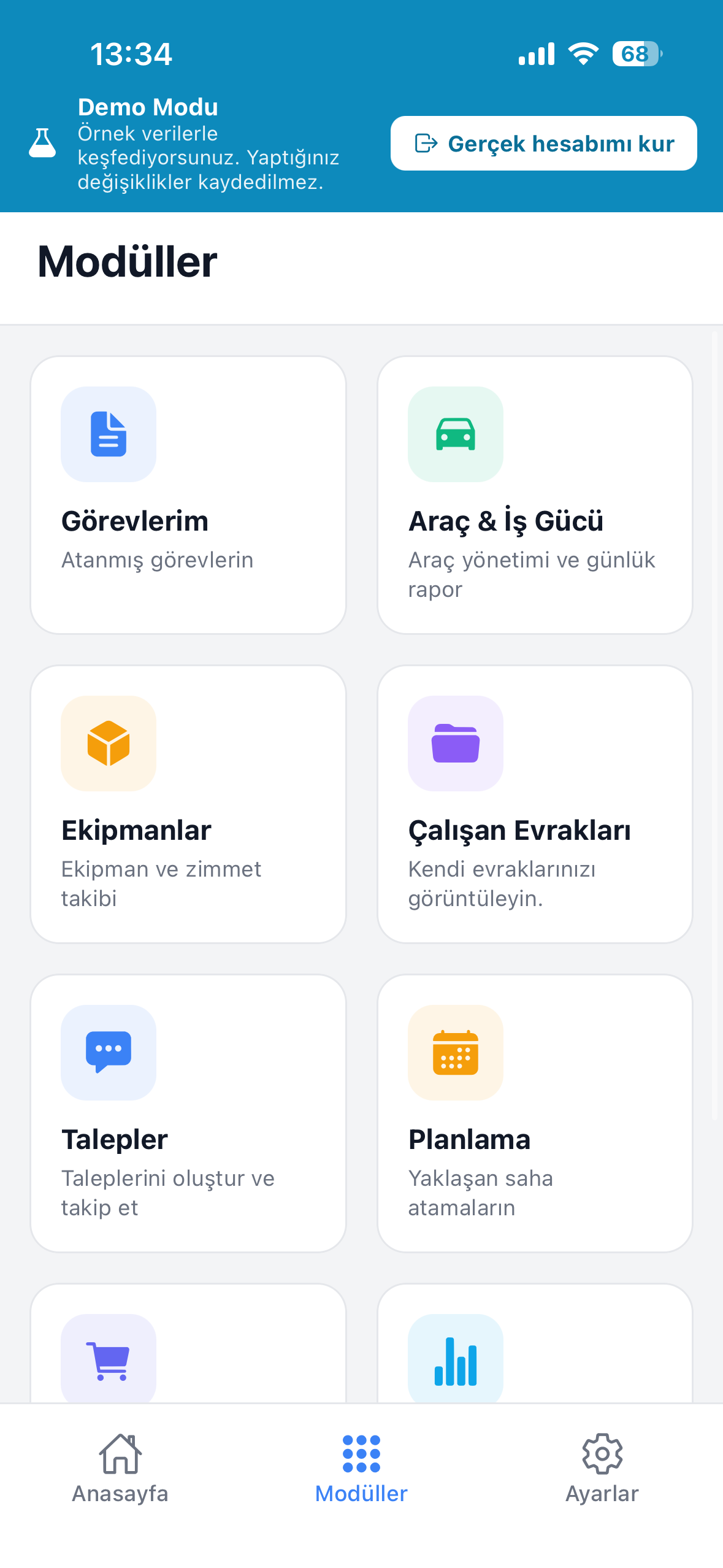 TurbineDoc mobil — modüller: görevler, araç & iş gücü, ekipman, çalışan evrakları, talepler, planlama